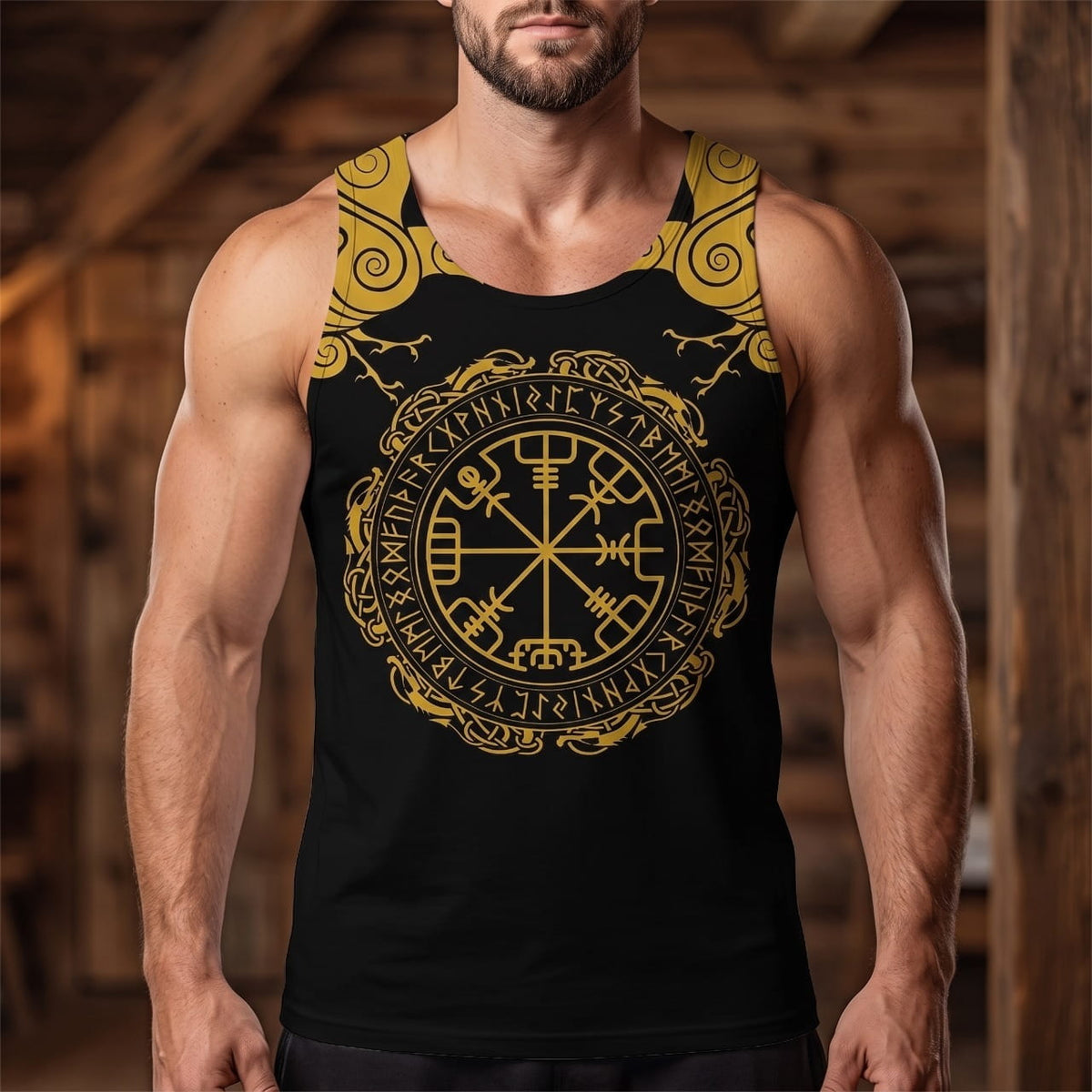 Homme portant le Débardeur Viking Vegvísir Doré et Épaulettes