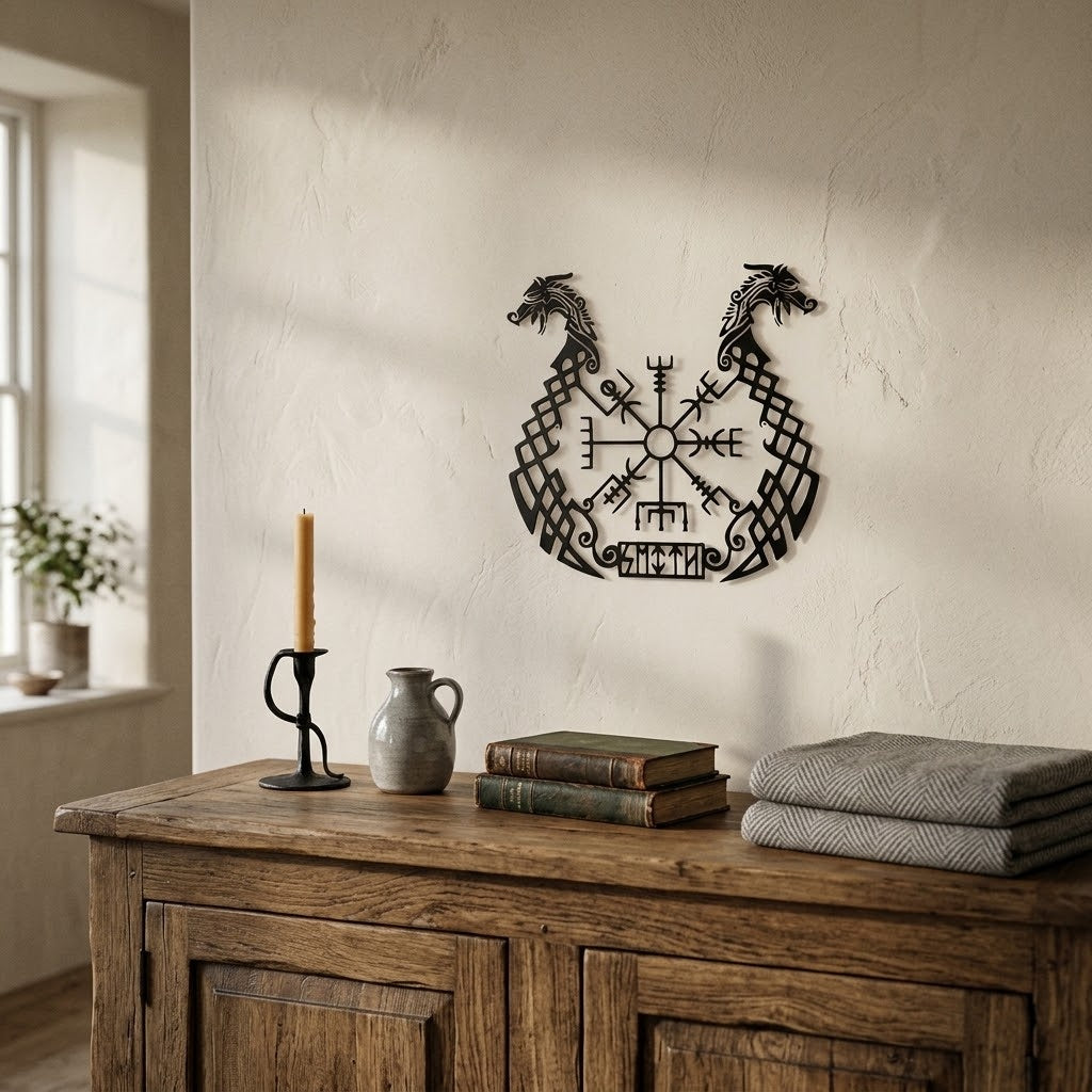 Décoration murale viking en métal noir, le Vegvísir entre deux têtes de dragon, accrochée sur un mur blanc au-dessus d’un buffet en chêne