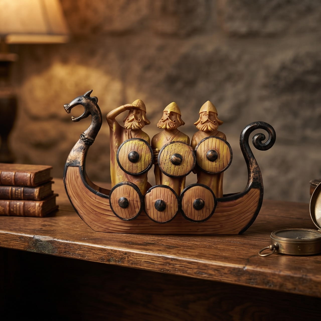 Drakkar viking décoratif en résine posé sur une table en bois, ses trois guerriers casqués et ses boucliers ronds éclairés par une lampe, près de livres anciens et d'une boussole en laiton.