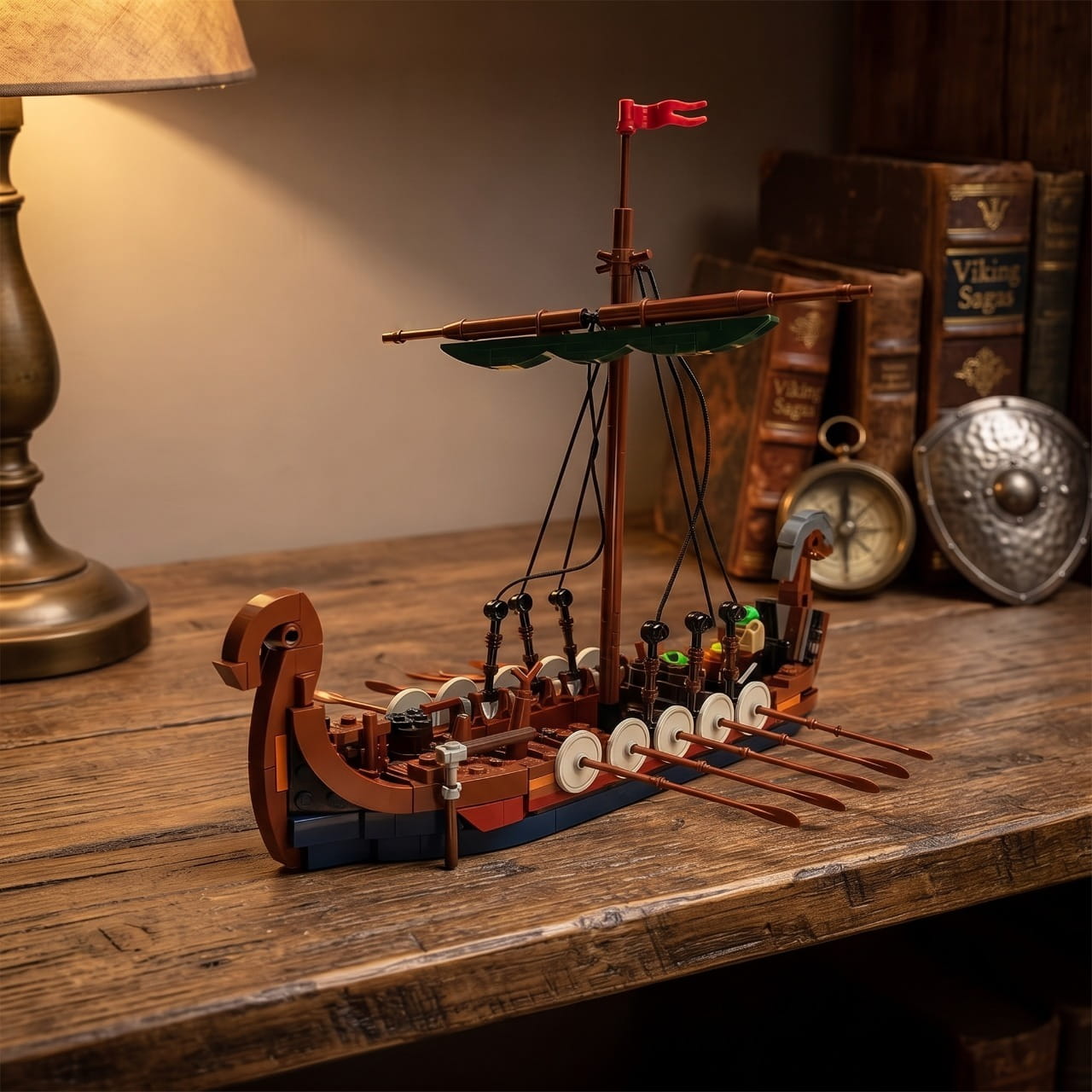 Maquette de drakkar viking en briques posée sur une table en bois ancienne, mât dressé avec voile vert foncé et fanion rouge, boucliers ronds clairs le long du bordé et rames déployées, éclairée par une lampe.