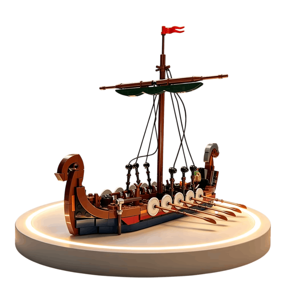 Maquette de drakkar viking en briques présentée sur un socle rond lumineux, sur fond blanc : coque brune, bas de coque bleu foncé souligné de rouge, tête sculptée en proue et rames sorties.