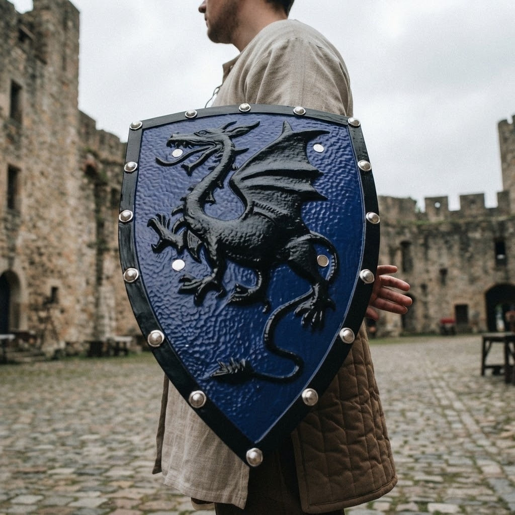 Écu médiéval au dragon noir en relief sur champ bleu, 49 cm, tenu au bras en costume médiéval dans la cour d'un château