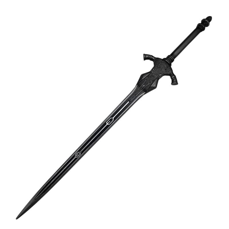 Épée Fantasy Noire à Garde Ouvragée : Mousse PU, vue de détail sur fond blanc