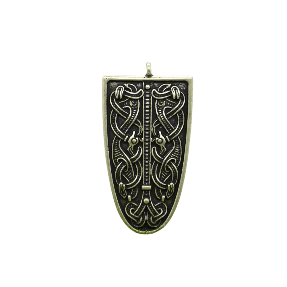 Fibule viking en écusson, alliage finition bronze, entrelacs symétriques en relief