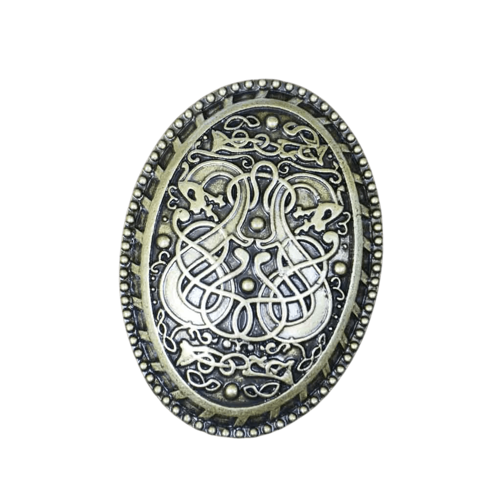 Fibule viking ovale plate en bronze, deux bêtes entrelacées ajourées et double bordure perlée
