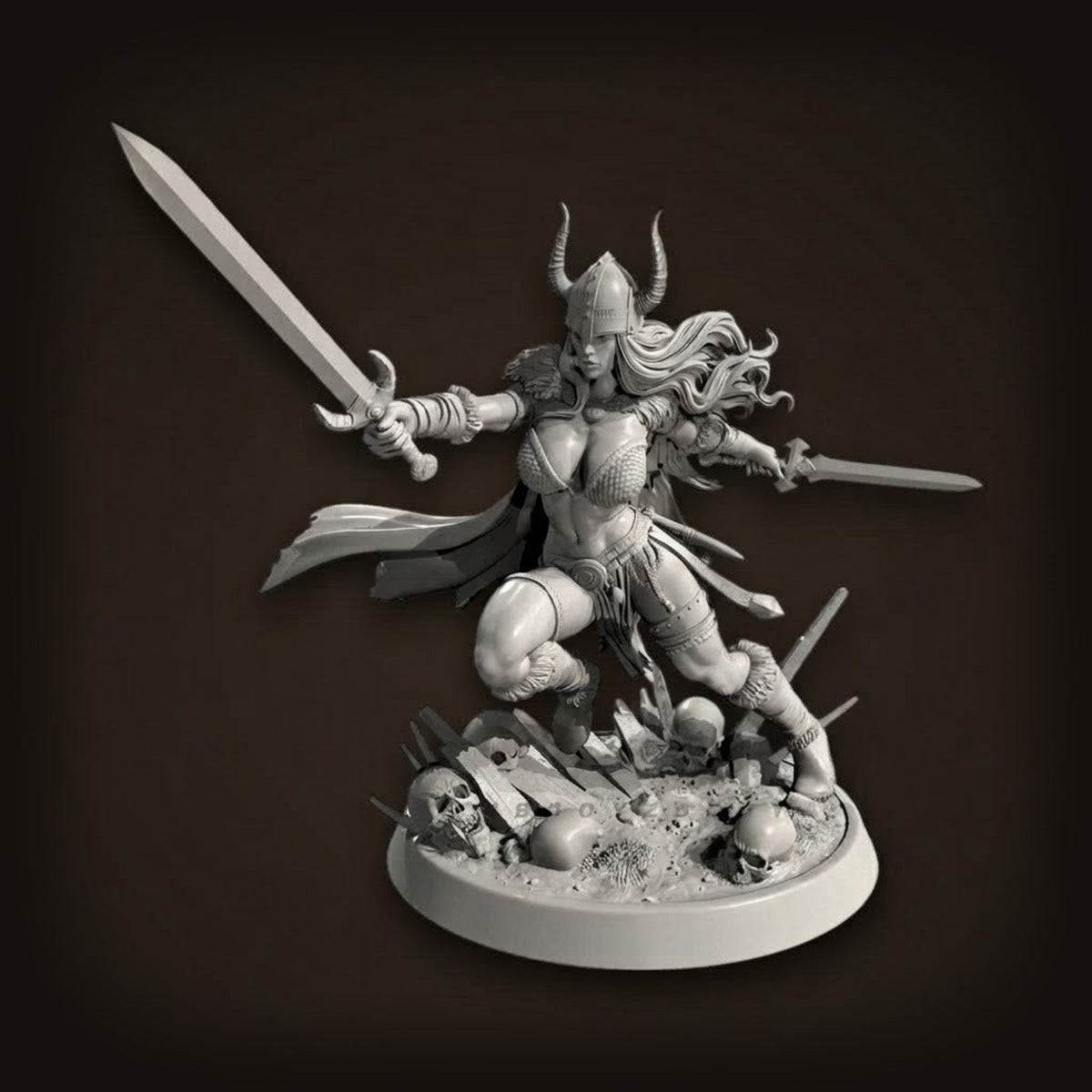 Figurine Valkyrie viking en résine non peinte à peindre, guerrière casquée aux deux épées sur un socle jonché de crânes, vue de face