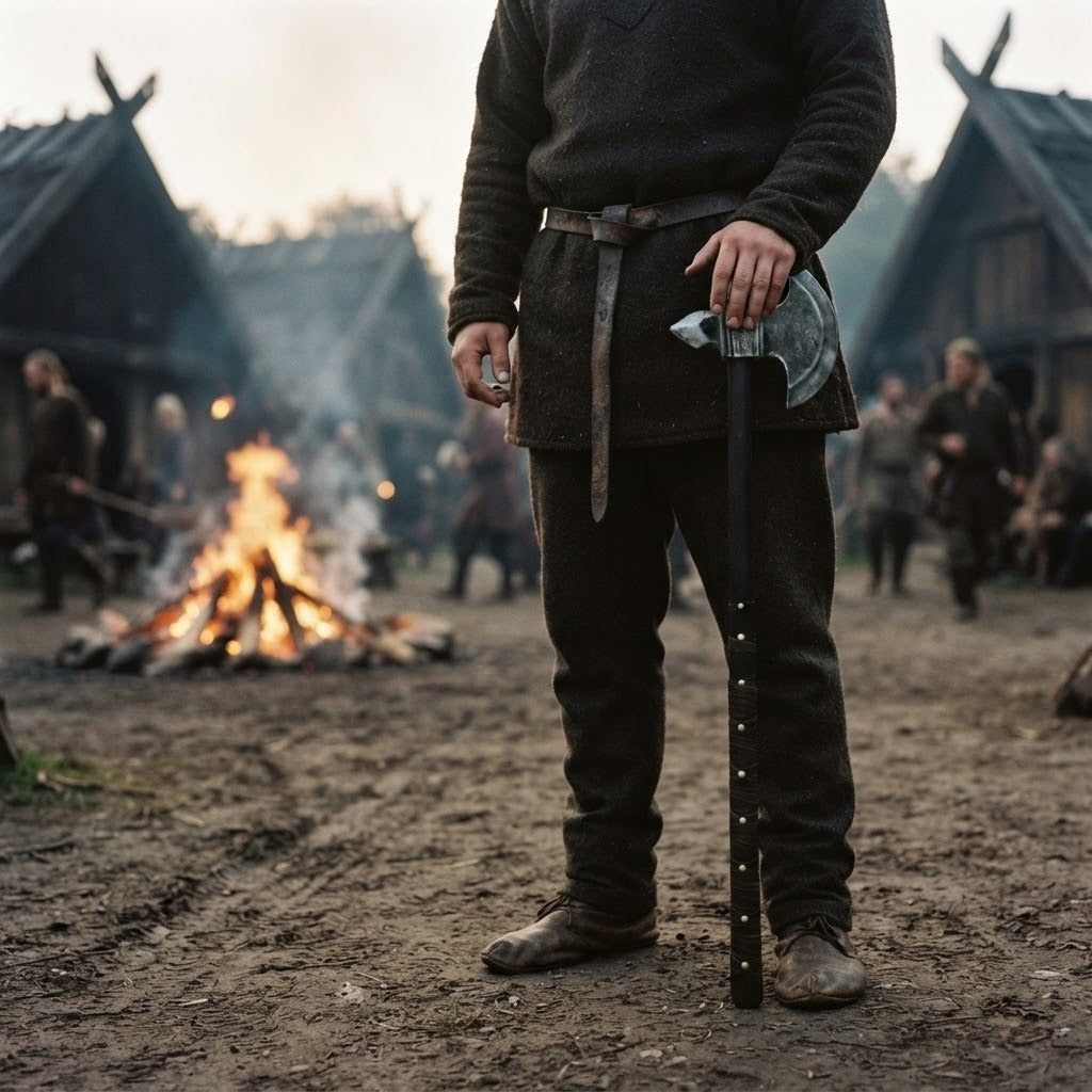 Hache danoise viking à deux mains de 87 cm en mousse PU, posée debout à côté d'un homme dont elle atteint la hanche, dans un village viking
