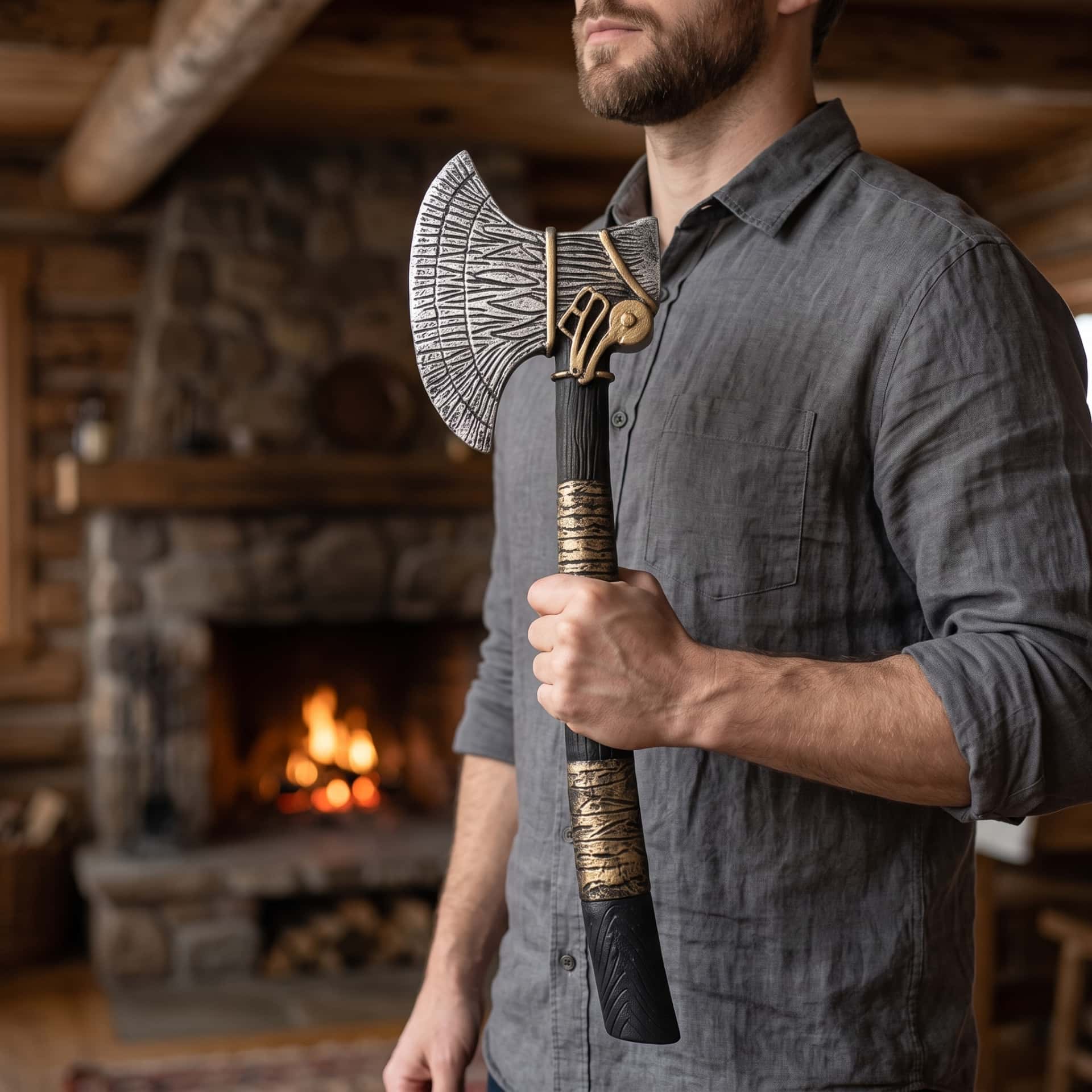 Hache Viking Barbue Gravée : Bandes Dorées, 50 cm, réplique en mousse tenue en main devant une cheminée