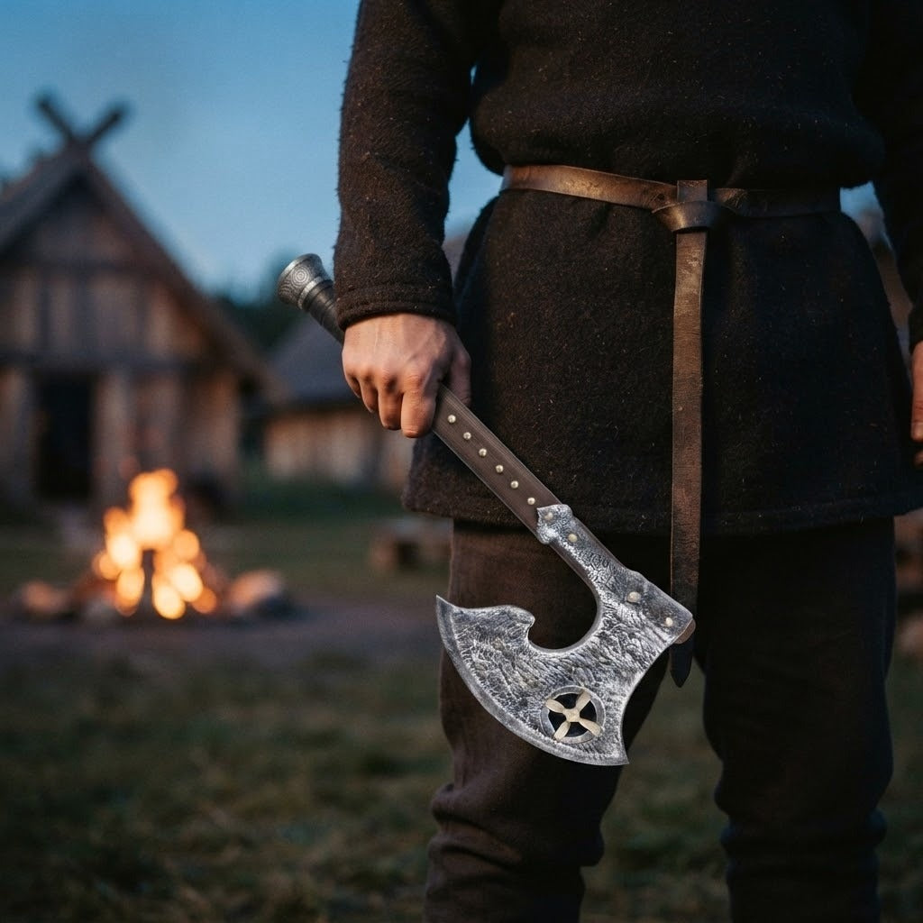 Hache viking ornementée de 60 cm en mousse PU, lame argentée gravée à l'emblème en croix, tenue à la main dans un village viking au crépuscule