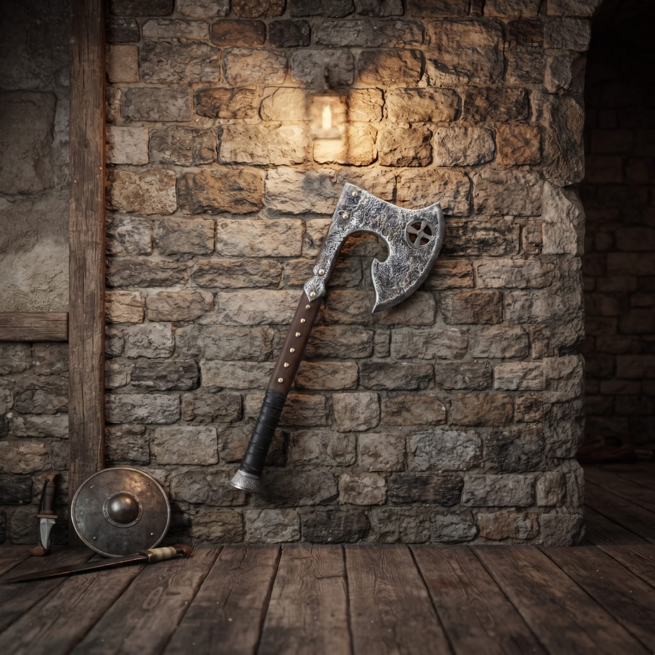 Hache Viking Ornementée Mousse PU 60cm Cosplay — mousse PU / EVA haute densité — en situation
