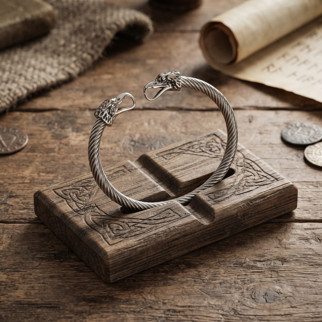 Jonc viking en câble d'acier torsadé terminé par deux têtes de bête, posé sur un socle de bois sculpté