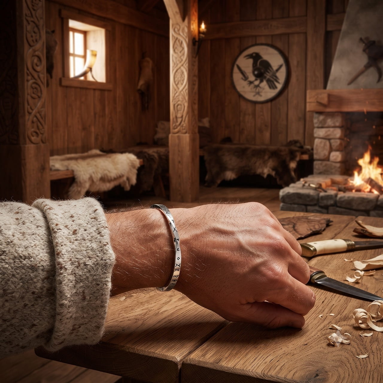 Jonc viking ouvert en acier poli gravé de runes, porté au poignet dans une maison longue