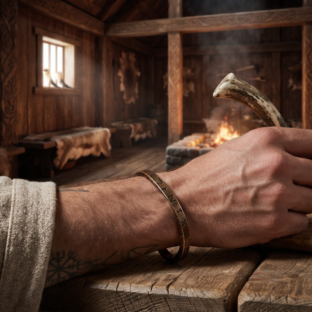 Jonc viking ouvert en bronze antique gravé de runes, porté au poignet devant un feu de maison longue