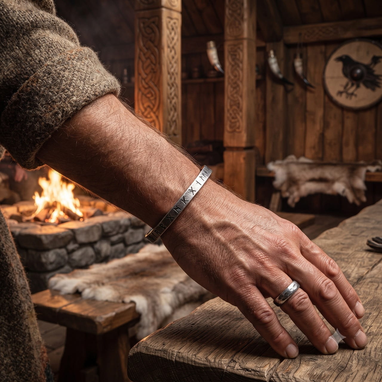 Jonc viking plat en acier vieilli gravé de runes, porté au poignet devant un foyer de maison longue