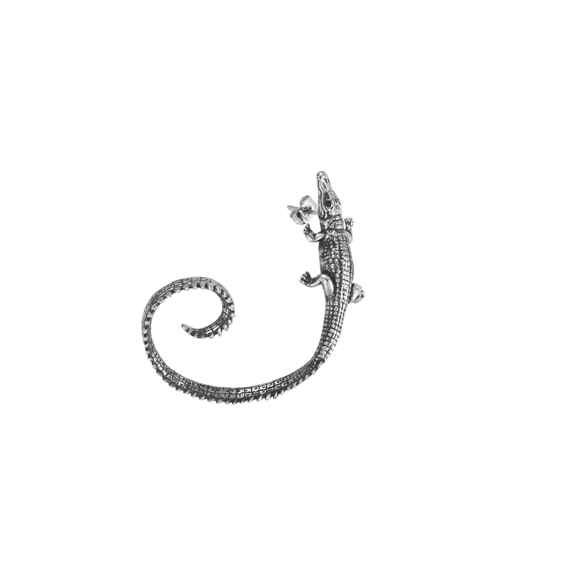 Manchette d'oreille lézard en acier inoxydable, écailles gravées et longue queue enroulée en spirale