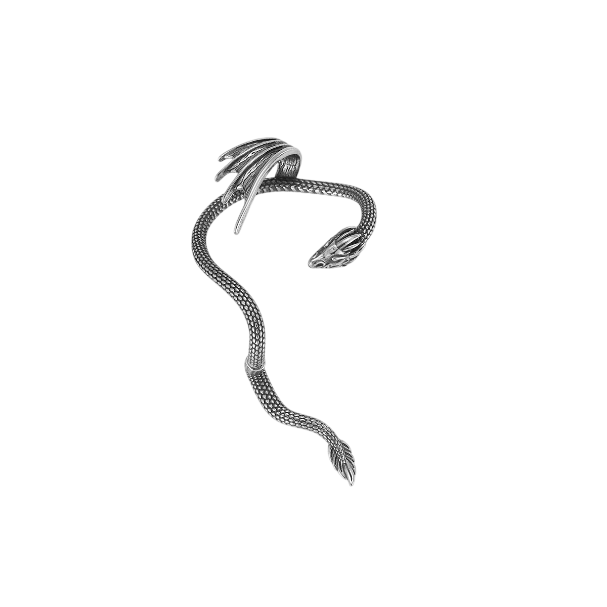 Manchette d'oreille serpent en acier inoxydable, corps écaillé sur toute la longueur et crête déployée au sommet