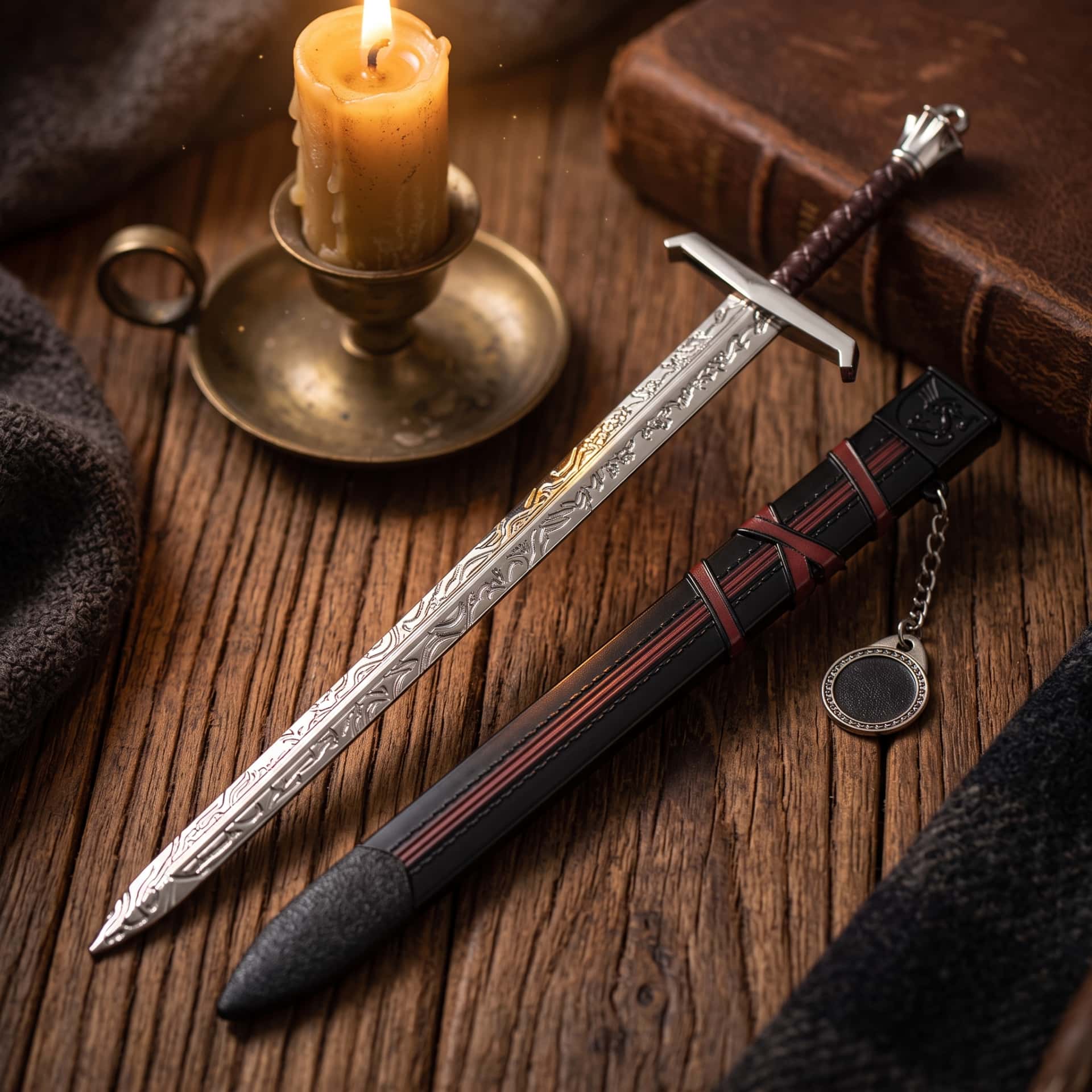 Miniature Épée Médiévale à Fourreau : Croix Rouge, 30 cm, miniature de collection sur son socle