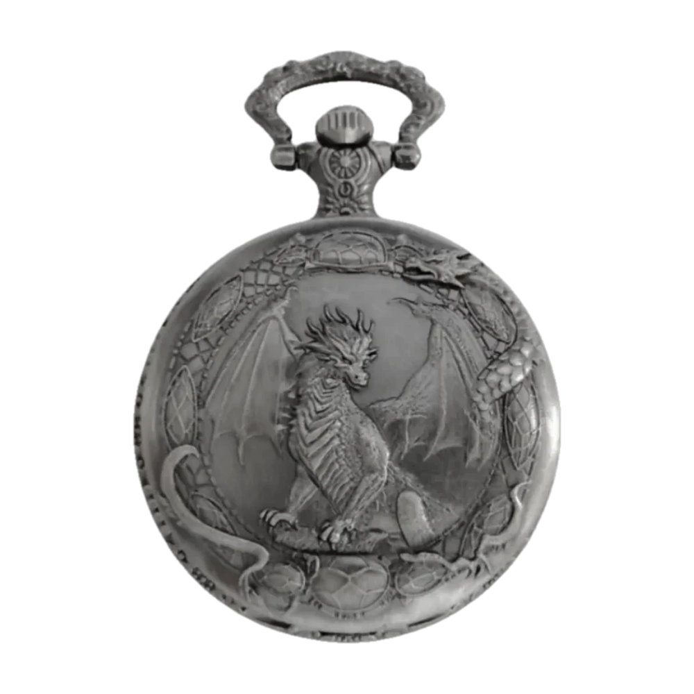 Montre gousset en argent vieilli, couvercle orné d’un dragon ailé en relief entouré d’un second dragon