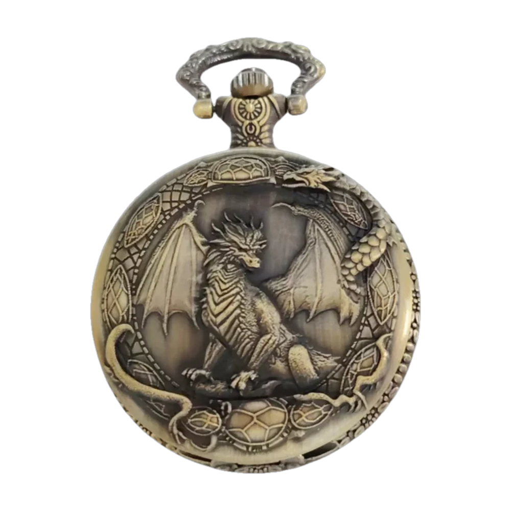 Montre gousset en bronze vieilli, couvercle orné d’un dragon ailé en relief entouré d’un second dragon