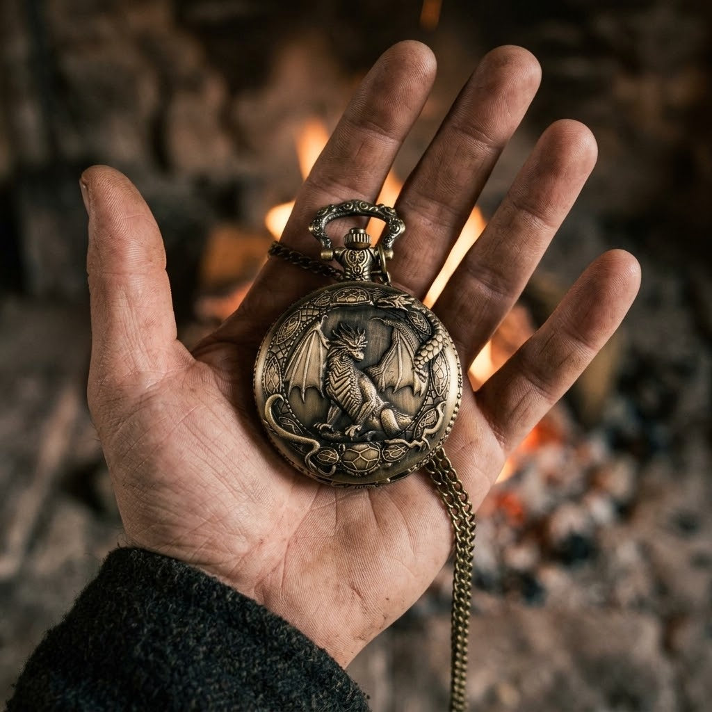 Montre gousset en bronze à dragon ailé posée dans la paume d’une main, devant un foyer