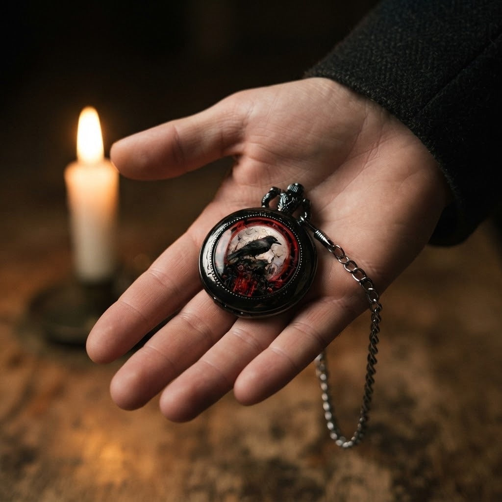 Montre gousset viking au couvercle rouge et noir orné d'un corbeau, chaîne en acier argenté, tenue dans la paume d'une main à la lueur d'une bougie