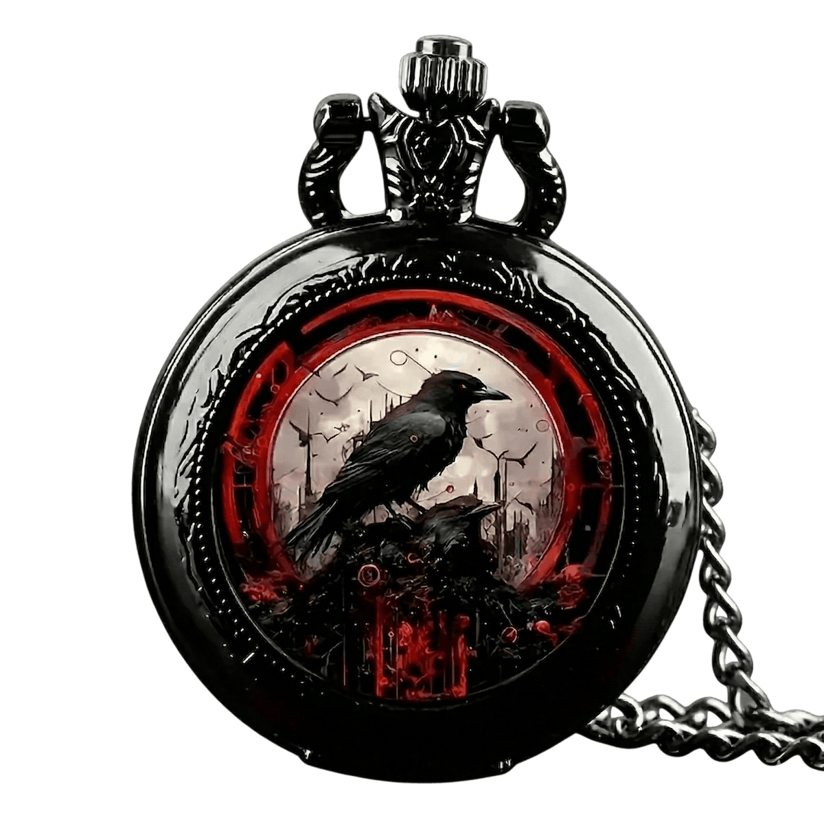 Montre à gousset viking avec corbeau d'Odin gravé sur fond rouge sang