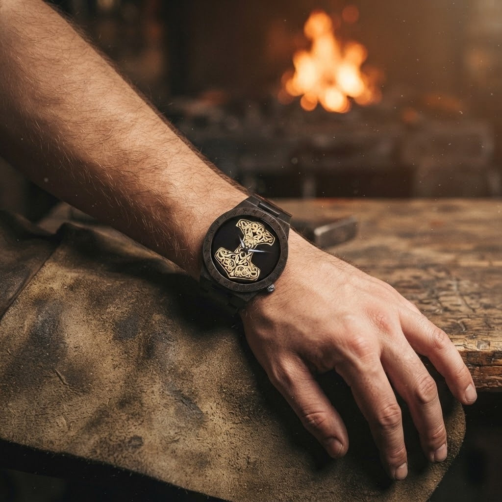 Montre viking en bois noir au cadran orné du marteau de Thor Mjölnir doré à entrelacs, lunette gravée de runes, portée au poignet d'un homme dans une forge