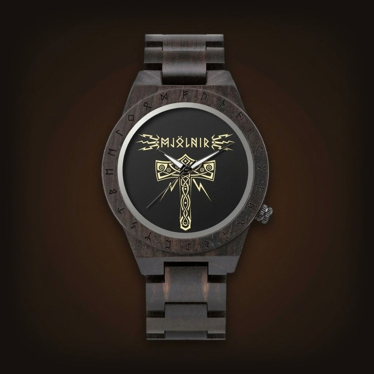 Montre viking en bois noir, cadran noir orné du marteau de Thor (Mjölnir) et d'éclairs dorés