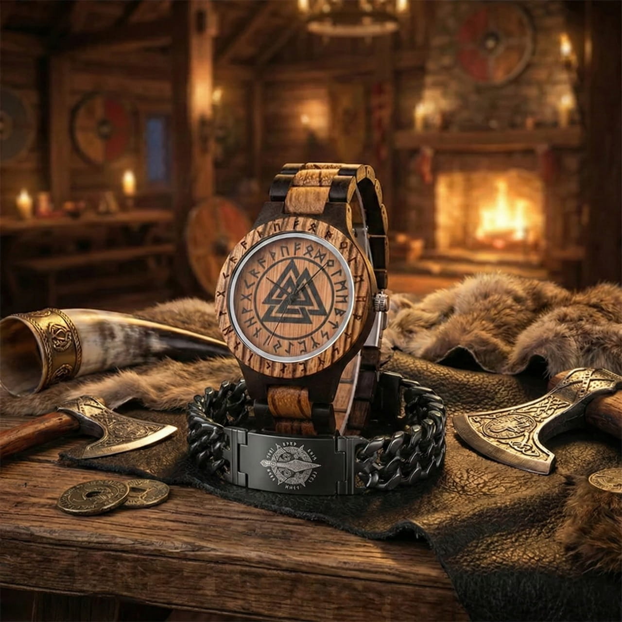 Montre Viking en bois noir avec cadran Valknut et runes, accompagnée d'un bracelet en maille, un bijou viking artisanal.