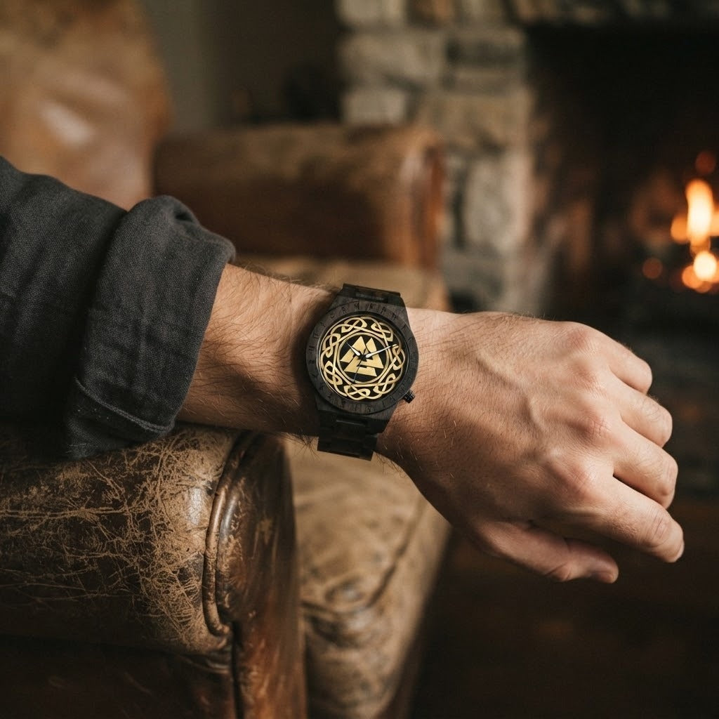 Montre viking en bois noir au cadran doré gravé d'un Valknut et d'entrelacs, lunette gravée de runes, portée au poignet d'un homme près d'une cheminée
