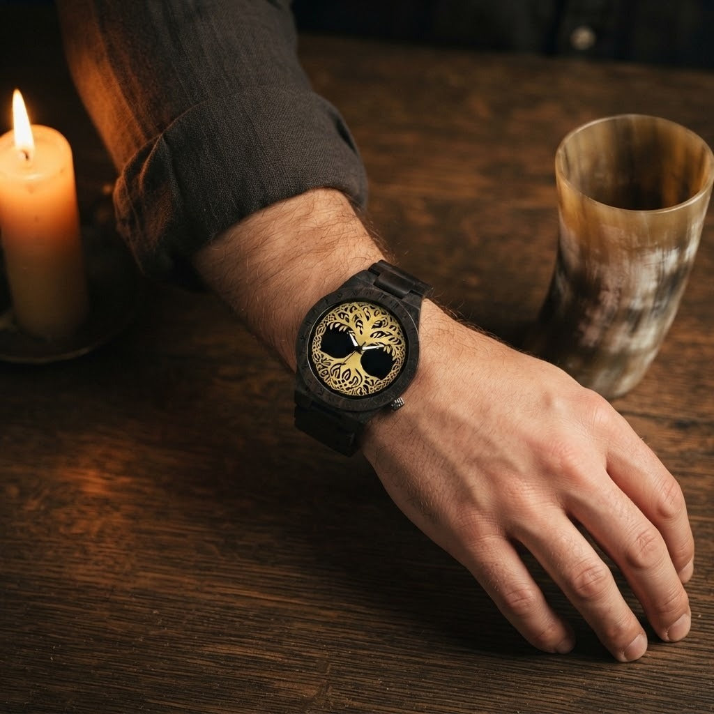 Montre viking en bois noir au cadran orné de l'arbre de vie Yggdrasil doré, portée au poignet d'un homme à la lueur d'une bougie