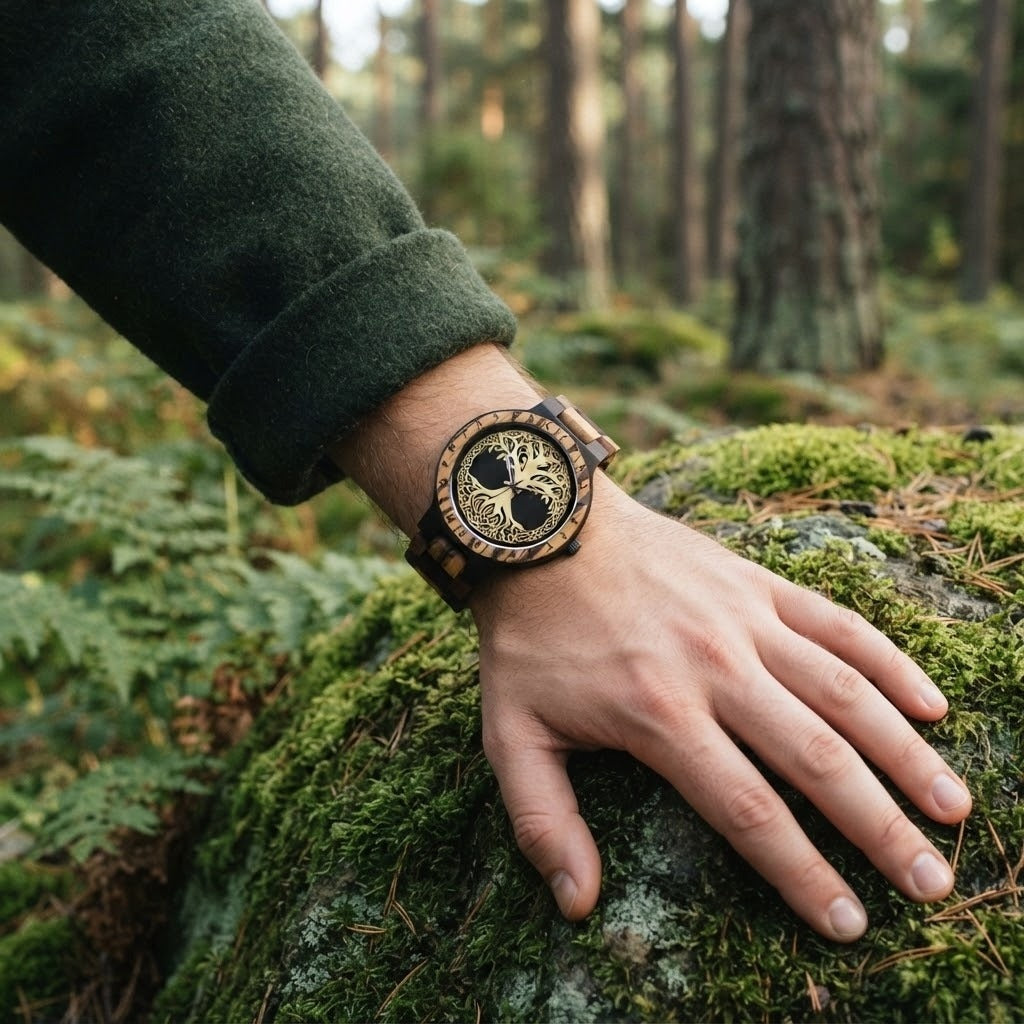 Montre viking en bois patchwork au cadran doré orné de l'arbre de vie Yggdrasil, lunette gravée de runes, portée au poignet d'un homme en forêt