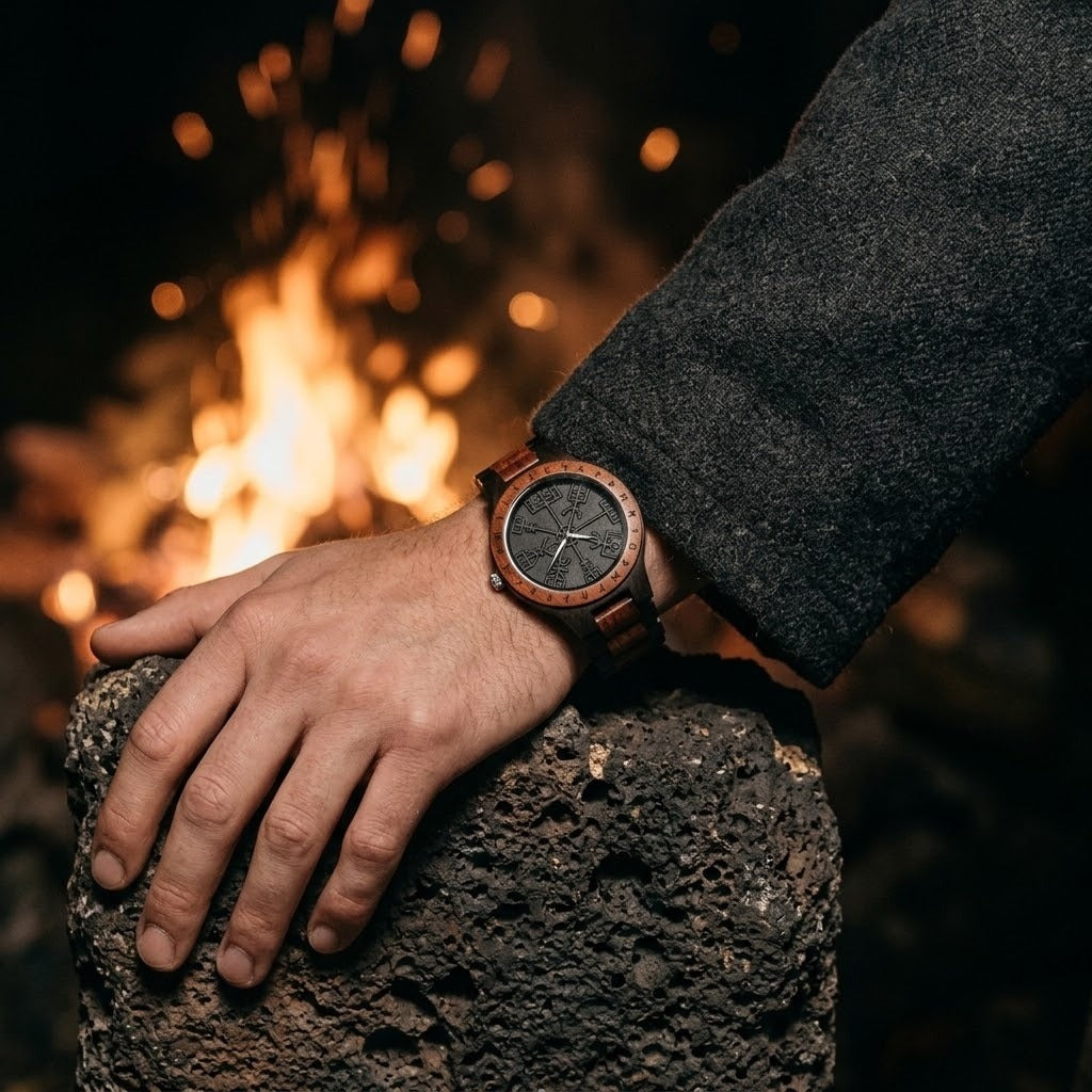 Montre viking en bois de santal rouge et ébène au cadran noir gravé du Vegvísir en relief, portée au poignet, main posée sur une roche volcanique près d'un feu