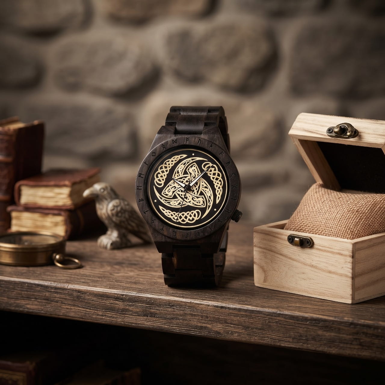 Montre viking en bois sombre, cadran doré à triskèle et entrelacs, avec son coffret de bois