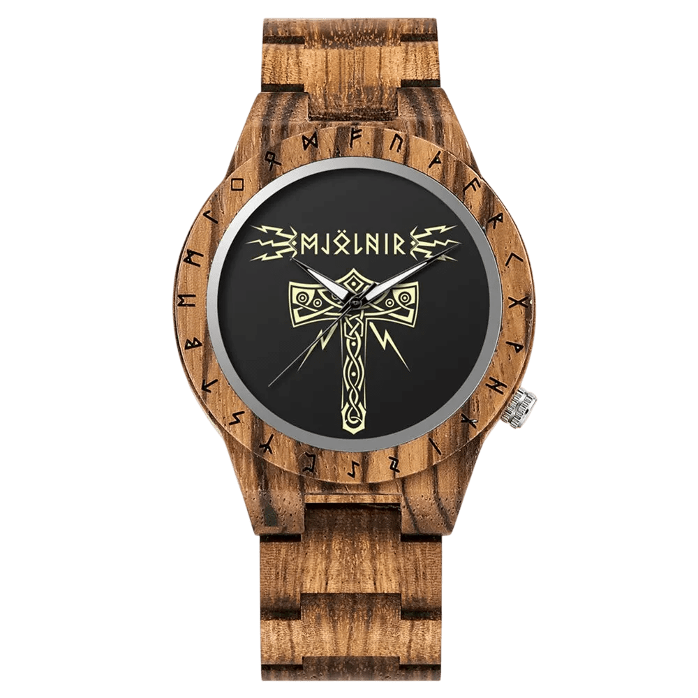 Montre Viking en bois zébré (zebrawood) avec veinage apparent. Cadran noir orné du Marteau de Thor (Mjölnir) et d'éclairs dorés.