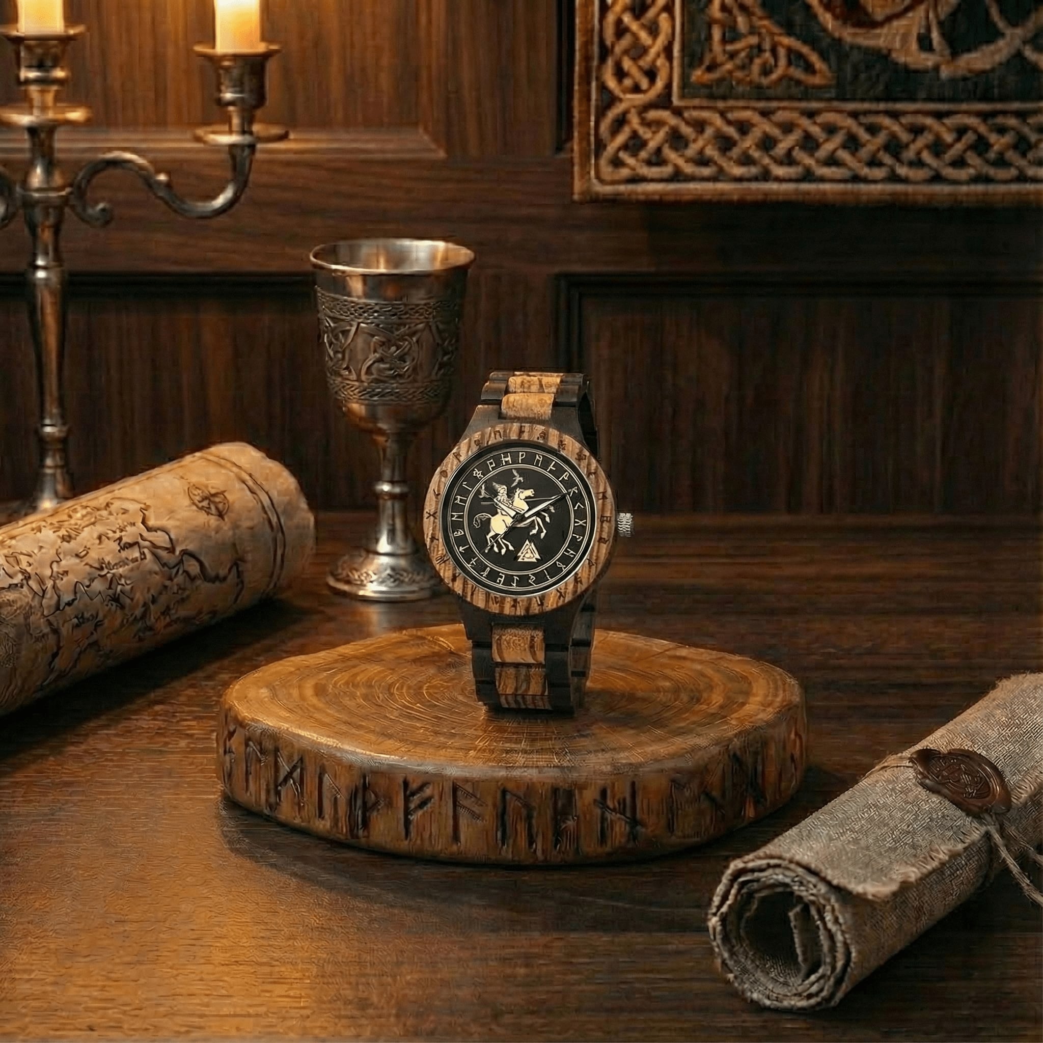 Montre viking en bois avec cadran noir illustrant Odin sur Sleipnir et le symbole Valknut. Un bijou viking exposé sur un socle gravé de runes dans une ambiance mystique.