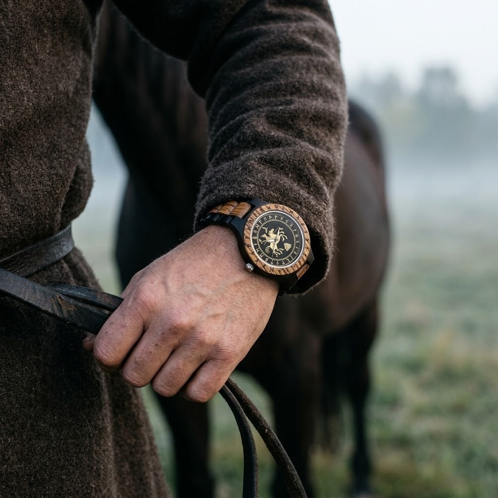 Montre viking Odin en bois zébré et ébène au cadran noir Odin sur Sleipnir, portée au poignet, main tenant les rênes d'un cheval dans la brume