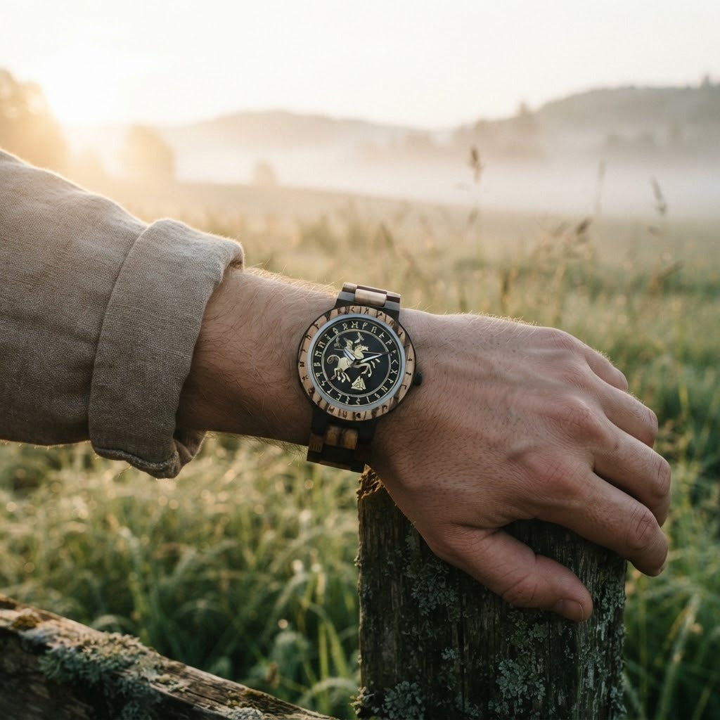Montre viking en bois multicolore au cadran orné d'Odin chevauchant Sleipnir et d'un Valknut, lunette gravée de runes, portée au poignet d'un homme dans une prairie brumeuse