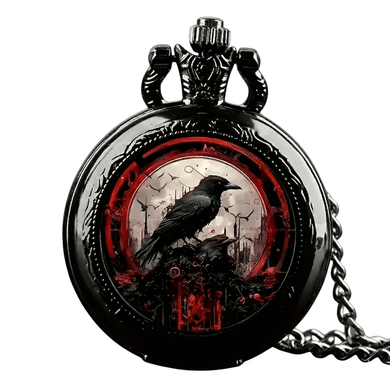 Montre à gousset viking avec corbeau d'Odin gravé sur fond rouge sang