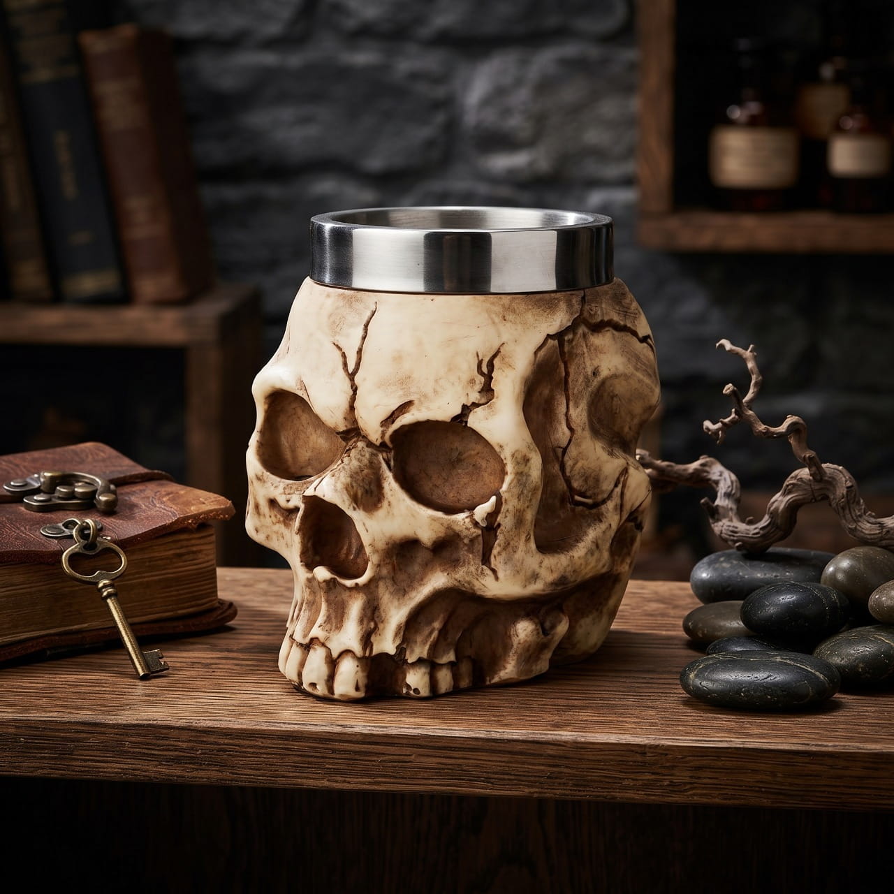 Mug crâne réaliste posé sur un bureau en bois à côté de vieux ouvrages