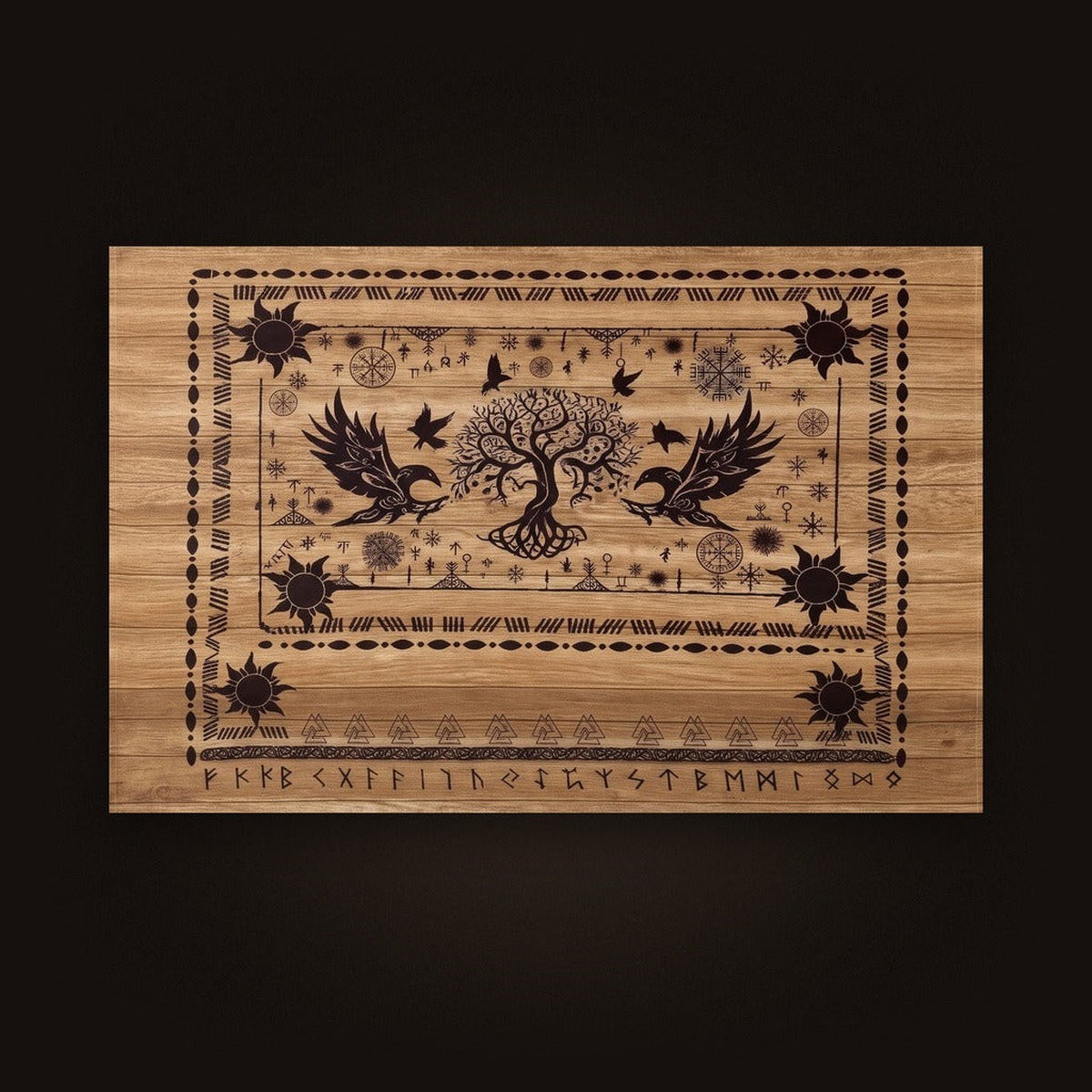 Nappe Viking Yggdrasil & Corbeaux — Effet Bois Clair, vue d'ensemble de la nappe à plat
