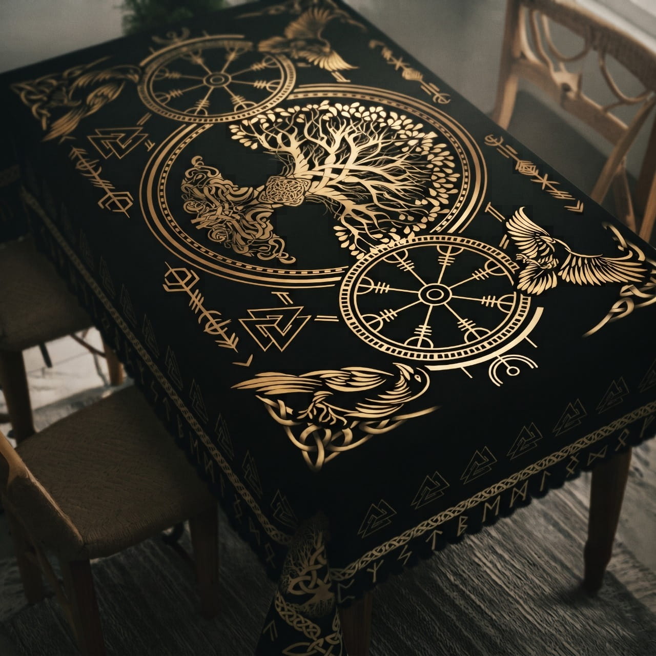 Nappe Viking Yggdrasil & Corbeaux d'Odin — Noir et Or - vue 2