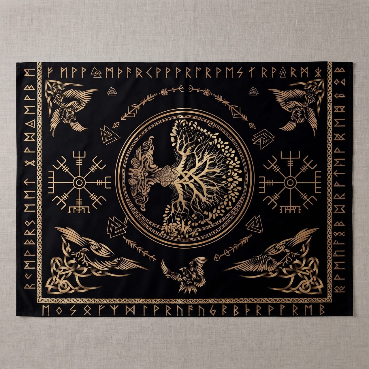 Nappe Viking Yggdrasil & Corbeaux d'Odin — Noir et Or