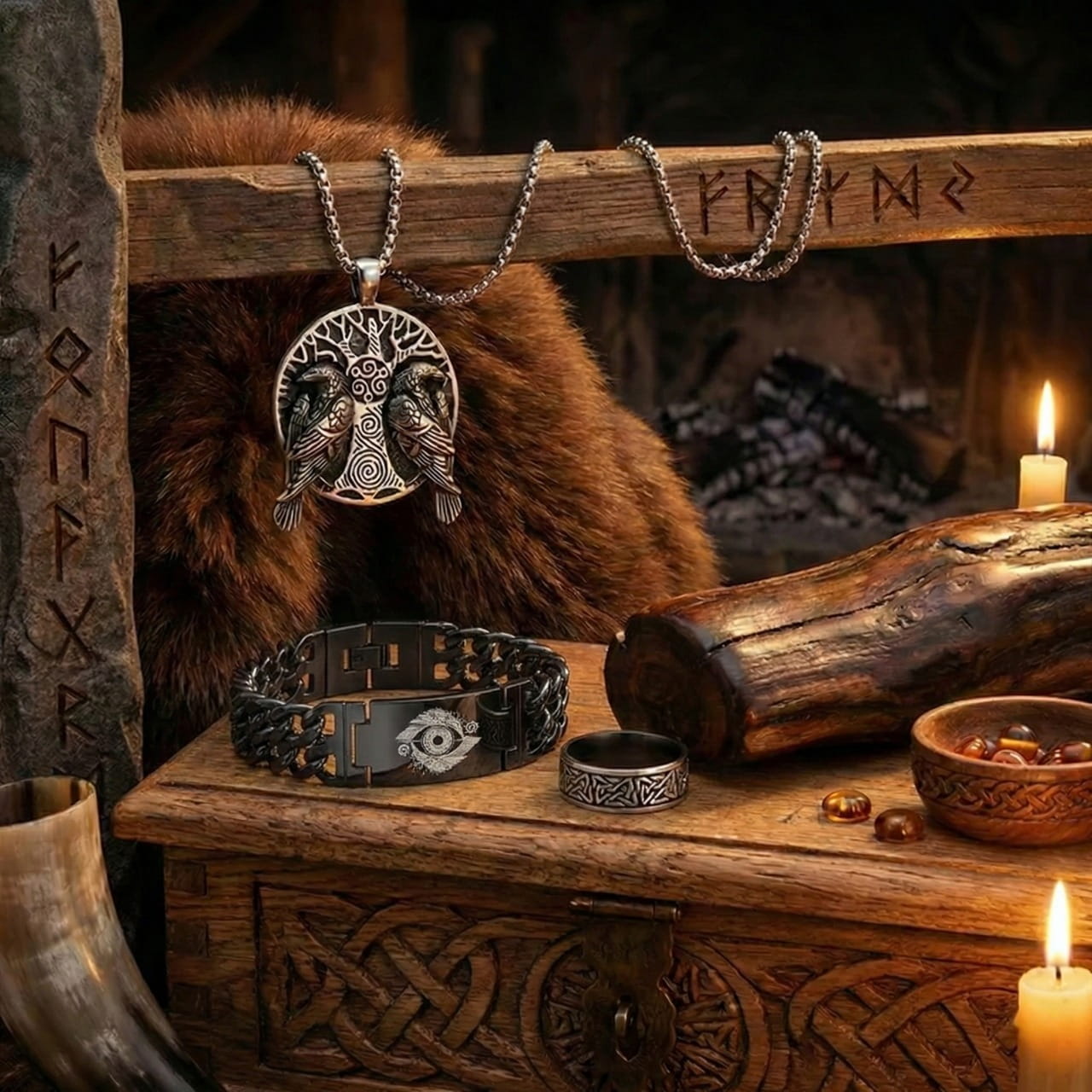Parure de bijoux vikings comprenant un collier avec pendentif Arbre de Vie Yggdrasil et deux corbeaux, un bracelet en argent noir aux détails blancs et une bague ciselée, présentés sur un coffret en bois et de la fourrure.