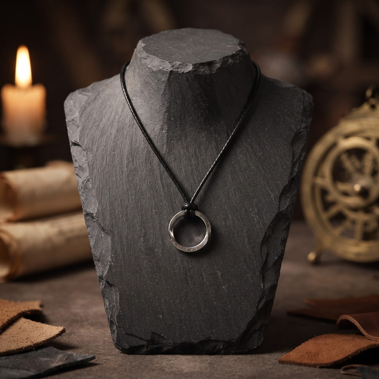 Pendentif anneau de Möbius en acier argenté sur cordon noir, présenté sur un buste d'ardoise