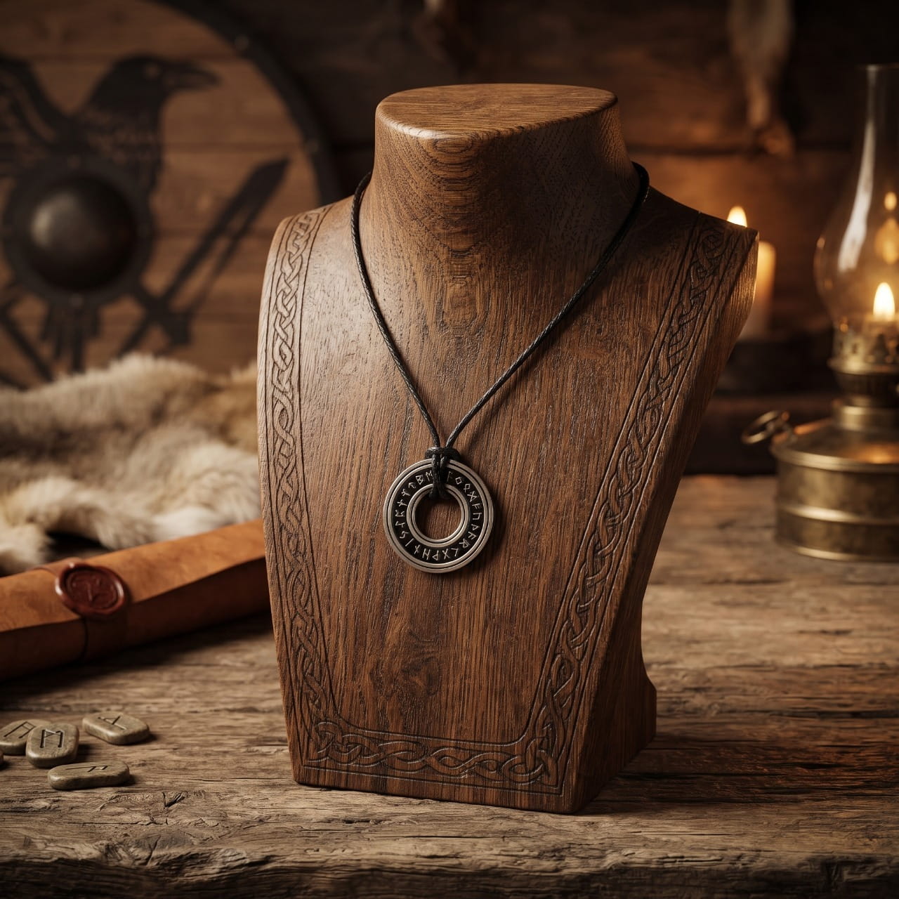 Pendentif anneau runique en acier sombre sur cordon, présenté sur un buste de bois sculpté