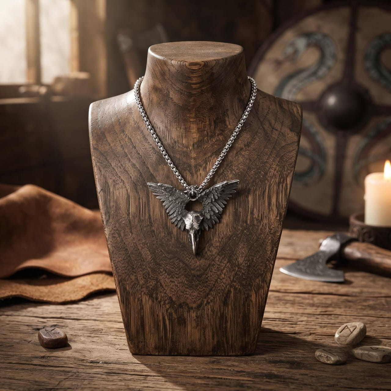 Pendentif crâne de corbeau ailé en acier antique, présenté sur un buste de bois sculpté