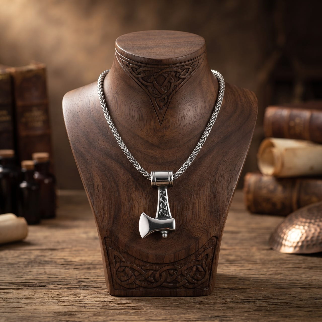 Pendentif hache viking en acier sur chaîne épaisse, présenté sur un buste de bois sculpté