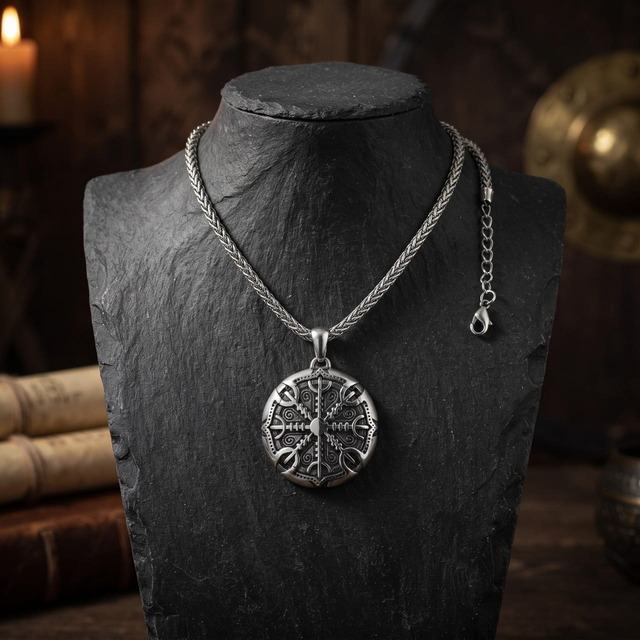 Pendentif médaillon Vegvísir en acier ciselé, sur chaîne, présenté sur un buste d'ardoise
