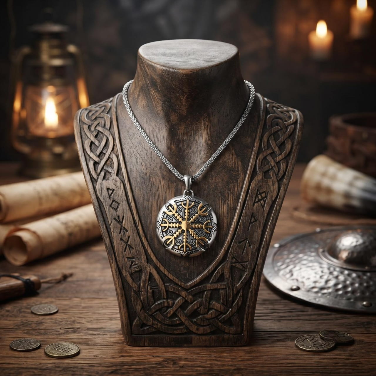 Pendentif médaillon Vegvísir en acier rehaussé d'or, présenté sur un buste de bois couvert de runes